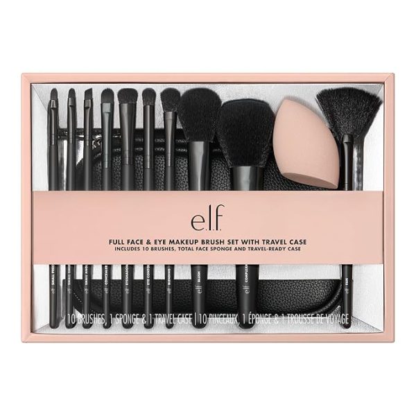 E.L.F Juego de brochas de maquillaje de cara y ojos con estuche de viaje