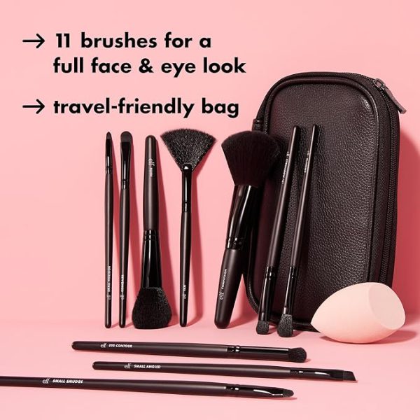 E.L.F Juego de brochas de maquillaje de cara y ojos con estuche de viaje